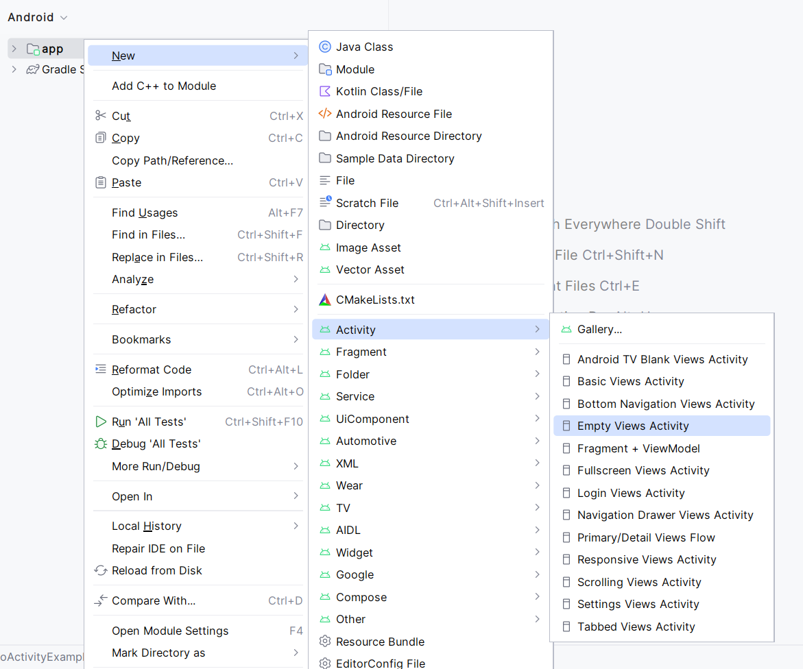 Android Studio No Activity New Activity